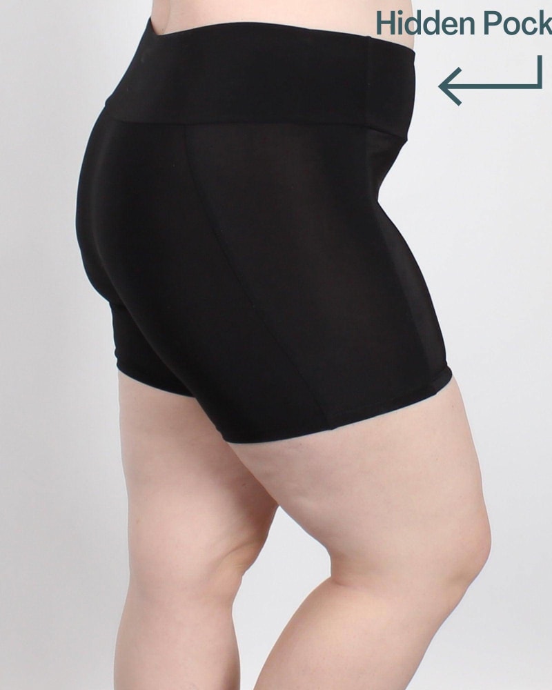 Front of a model wearing a size L Boxer Brief Shortlette With Hidden Pocket in Black by Undersummers. | dia_product_style_image_id:243415
